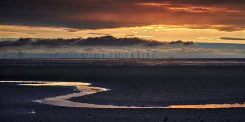 Shore, Sunset, Windmills